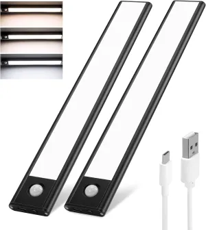 Under Cabinet Lights Wireless,Under Counter Motion Sensor Light Kitchen, 54 LED Rechargeable Night Lighting,3 Color Temperatures Black Closet Light for Bedroom,Wardrobe, Stairs,Cupboard(2 Pack)