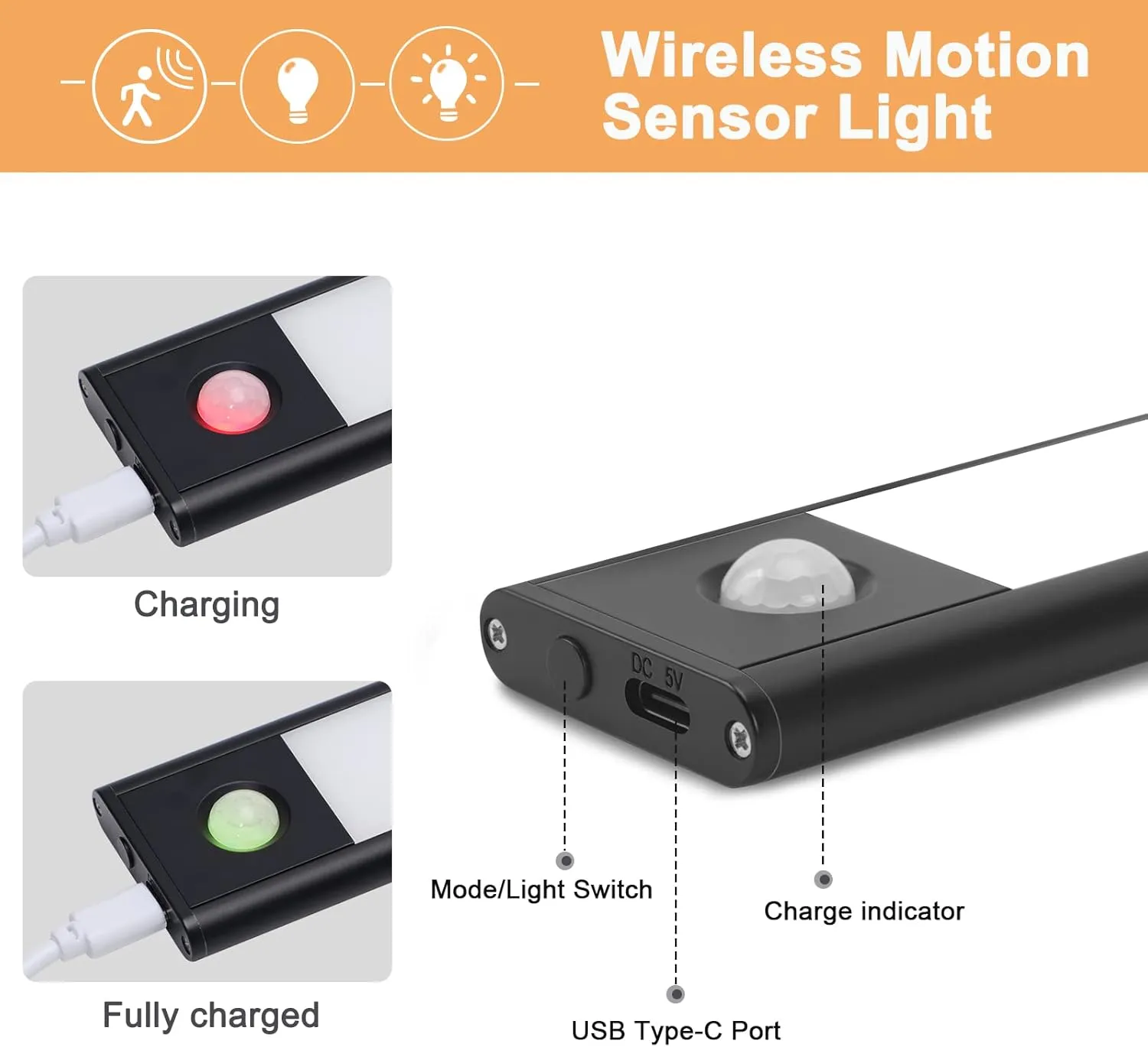 Under Cabinet Lights Wireless,Under Counter Motion Sensor Light Kitchen, 54 LED Rechargeable Night Lighting,3 Color Temperatures Black Closet Light for Bedroom,Wardrobe, Stairs,Cupboard(2 Pack)