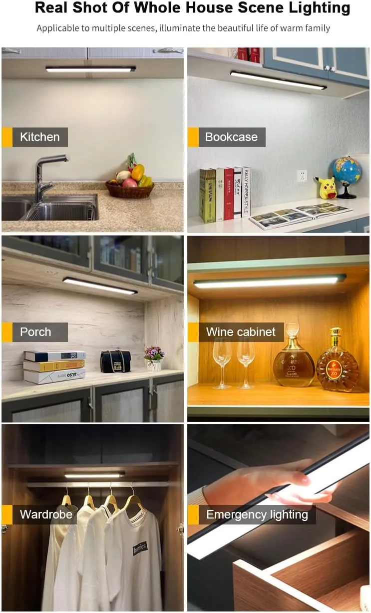 Under Cabinet Lights Wireless,Under Counter Motion Sensor Light Kitchen, 54 LED Rechargeable Night Lighting,3 Color Temperatures Black Closet Light for Bedroom,Wardrobe, Stairs,Cupboard(2 Pack)