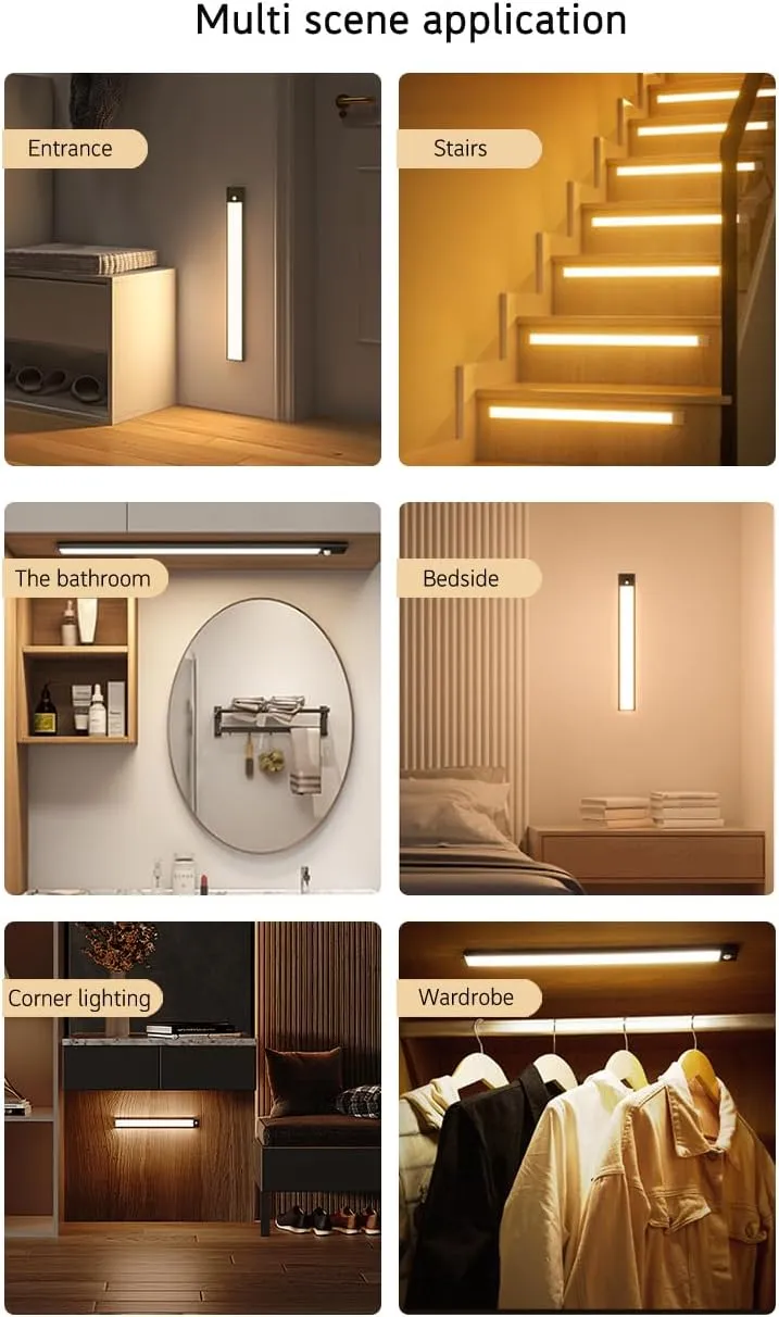 Under Cabinet Lights Wireless,Under Counter Motion Sensor Light Kitchen, 54 LED Rechargeable Night Lighting,3 Color Temperatures Black Closet Light for Bedroom,Wardrobe, Stairs,Cupboard(2 Pack)