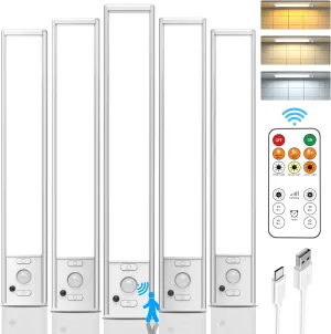 Under Cabinet Lights with Remote Control, USB Rechargeable Battery 180 Lumen Motion Sensor Indoor Light,5 Pack Wireless Under Counter Light,3 Color Dimmable Closet Lighting for Kitchen,Stairs,Wardrobe