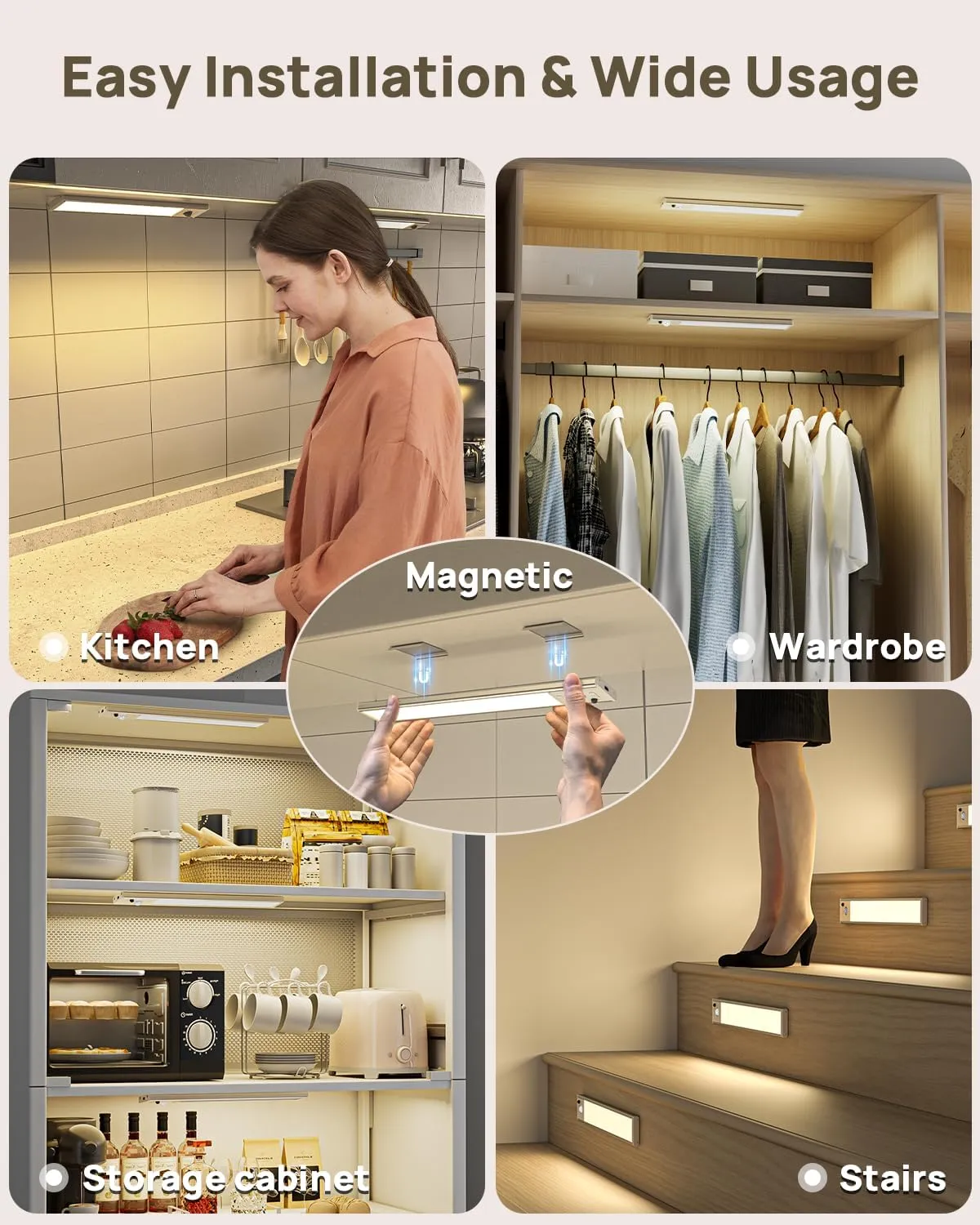 Under Cabinet Lights with Remote Control, USB Rechargeable Battery 180 Lumen Motion Sensor Indoor Light,5 Pack Wireless Under Counter Light,3 Color Dimmable Closet Lighting for Kitchen,Stairs,Wardrobe