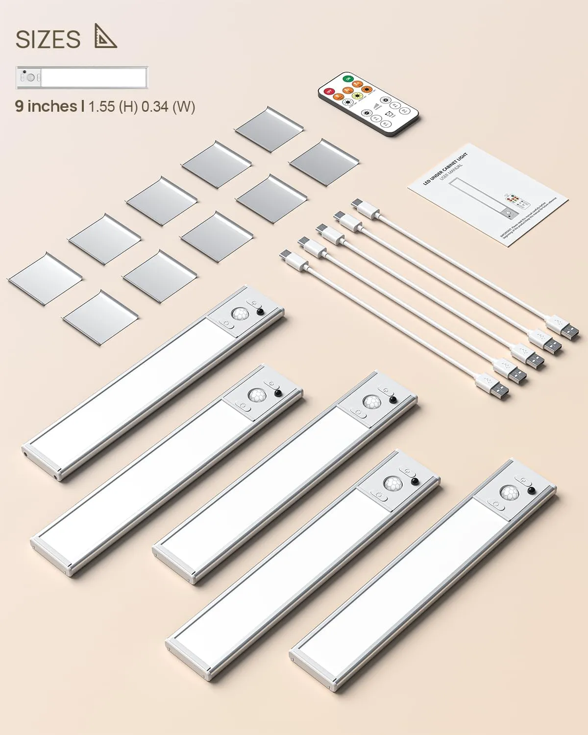 Under Cabinet Lights with Remote Control, USB Rechargeable Battery 180 Lumen Motion Sensor Indoor Light,5 Pack Wireless Under Counter Light,3 Color Dimmable Closet Lighting for Kitchen,Stairs,Wardrobe