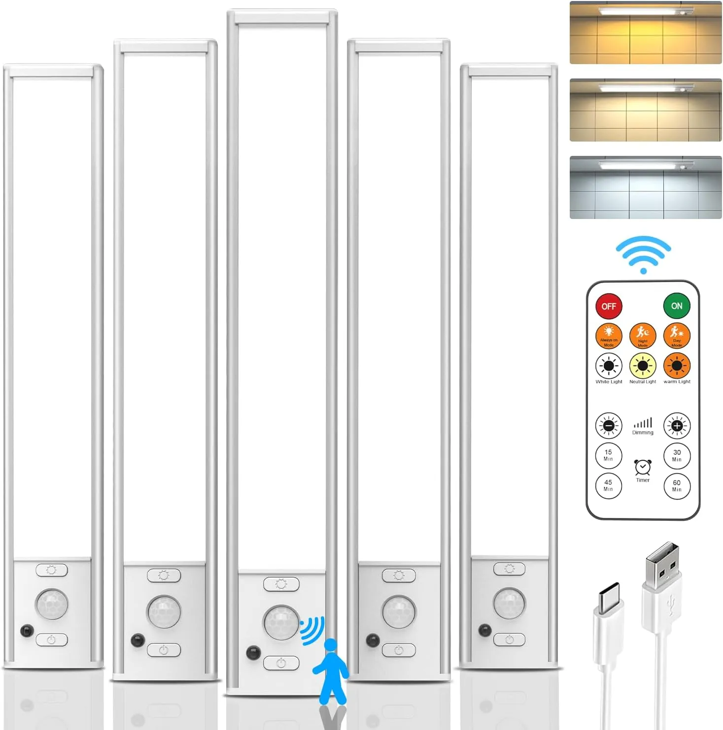 Under Cabinet Lights with Remote Control, USB Rechargeable Battery 180 Lumen Motion Sensor Indoor Light,5 Pack Wireless Under Counter Light,3 Color Dimmable Closet Lighting for Kitchen,Stairs,Wardrobe