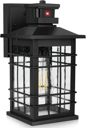 Upgraded Motion Sensor Outdoor Wall Light, Dusk to Dawn Outside Porch Light Fixture Wall Mount, Waterproof Exterior Light Fixture with Seeded Glass, Black Wall Sconce Lantern for House Patio Garage