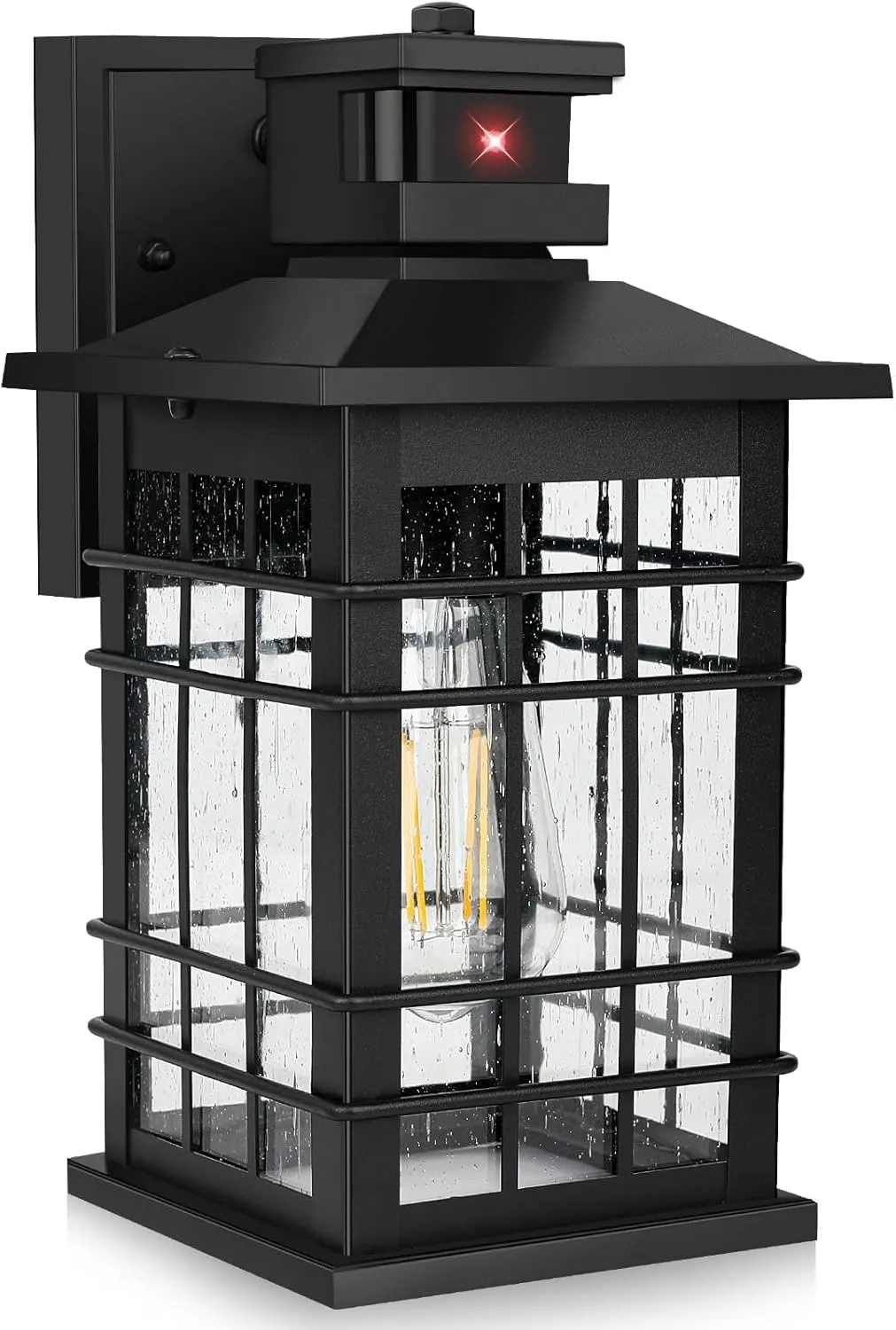 Upgraded Motion Sensor Outdoor Wall Light, Dusk to Dawn Outside Porch Light Fixture Wall Mount, Waterproof Exterior Light Fixture with Seeded Glass, Black Wall Sconce Lantern for House Patio Garage