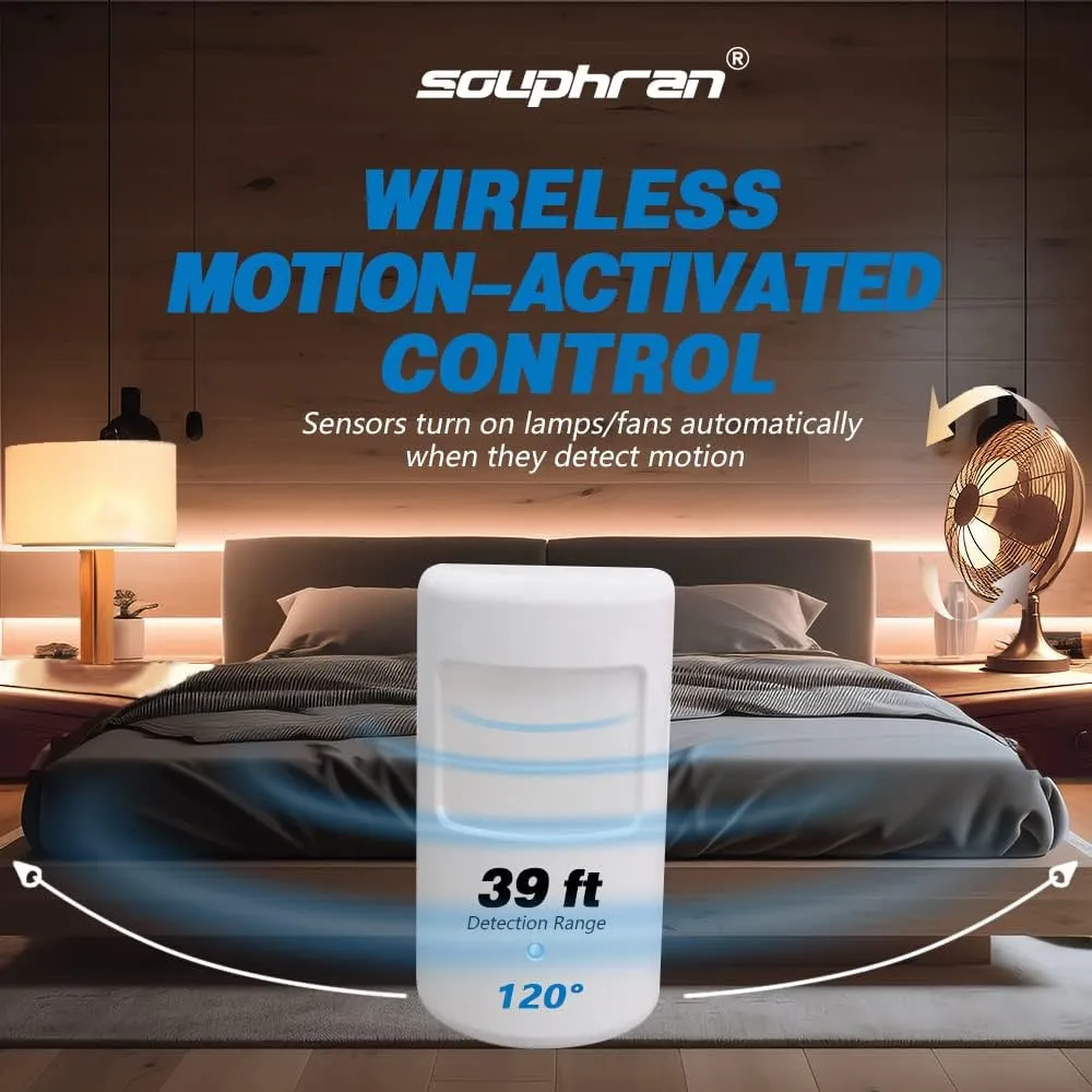 Upgraded Plug-in Motion Activated Light Control, Souphran Wireless Motion Detector and Plug Set, No Wiring, Adjustable Detection Range, Always-on Timer and Light Sensor, (1 Pack-new)