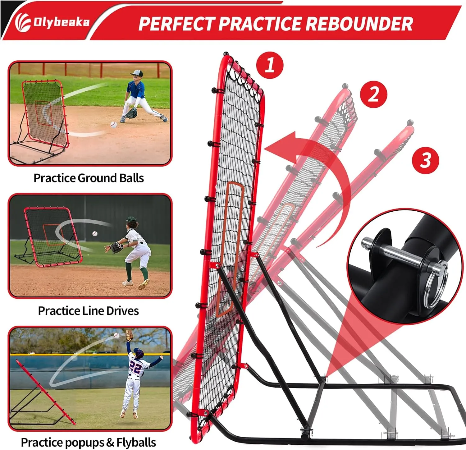 Upgraded Stable Baseball Rebounder Net with 3 Adjustable Angles 48" x 52" Baseball Bounce Back Net Fielding Trainer for Baseball and Softball Rebound Practice with Metal Stakes