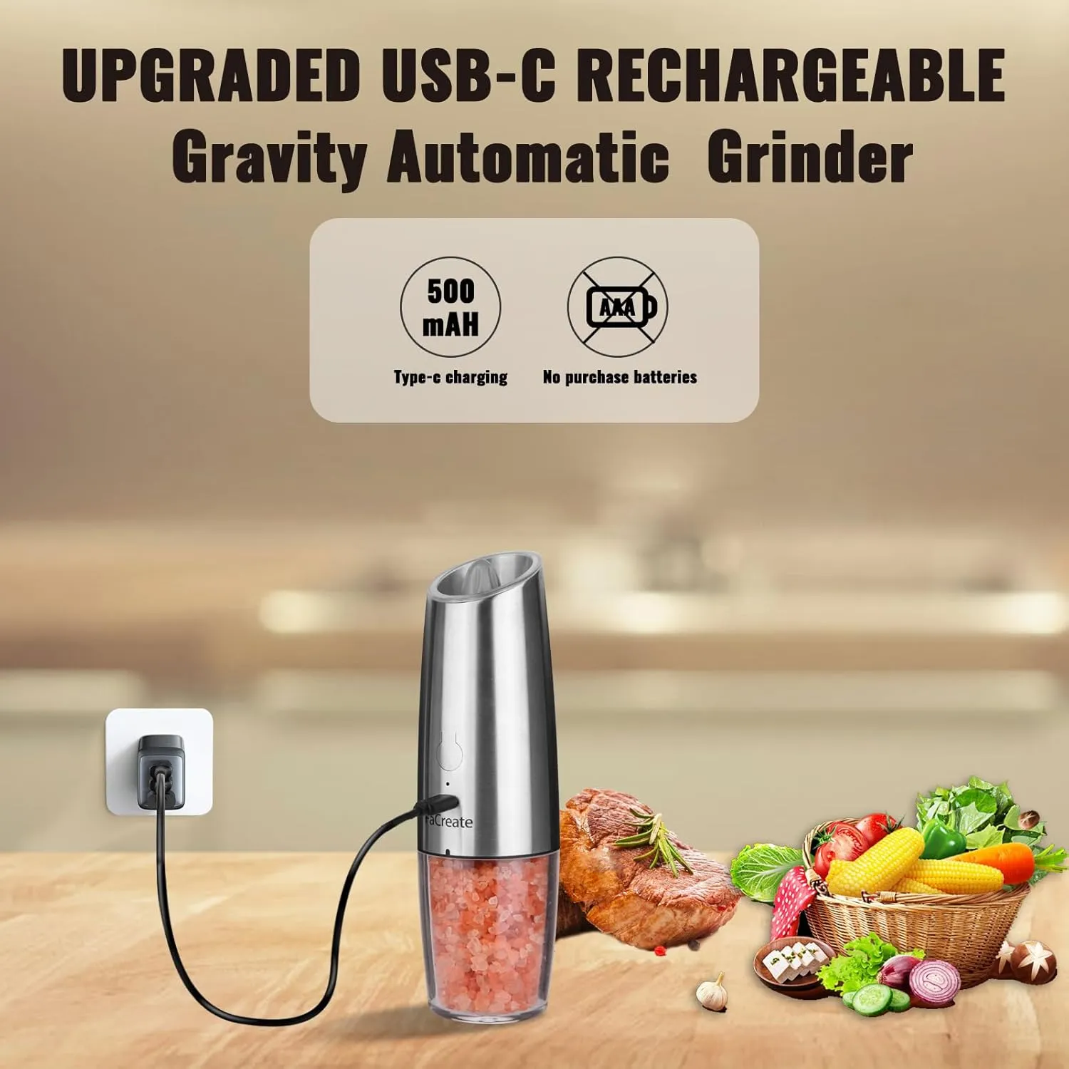 UPGRADED USB RECHARGEABLE Gravity Electric Salt and Pepper Grinder Set,Battery Powered Automatic Operation Salt and Pepper Mill,LED Light Adjustable Coarseness Shakers of 2 (SILVER)