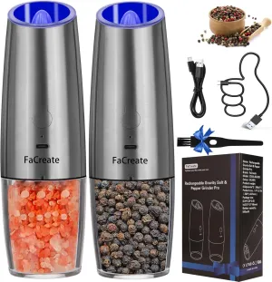 UPGRADED USB RECHARGEABLE Gravity Electric Salt and Pepper Grinder Set,Battery Powered Automatic Operation Salt and Pepper Mill,LED Light Adjustable Coarseness Shakers of 2 (SILVER)