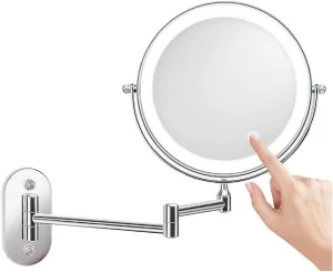 USB Rechargeable Shaving Mirror with 5X Magnification, Upgrade Auto Off LED Bathroom Mirrors Wall Mounted with 3 Color Lights, 360°Swivel and Extendable, Chrome, 8inch