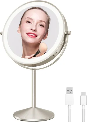 Vanity Mirror With Lights, 1X/10X Magnifying Makeup Mirror With Lights, 8 Inch Rechargeable Double Sided Lighted Makeup Mirror, Dimmable Led Vanity Mirror With 3 Color Lighting Modes