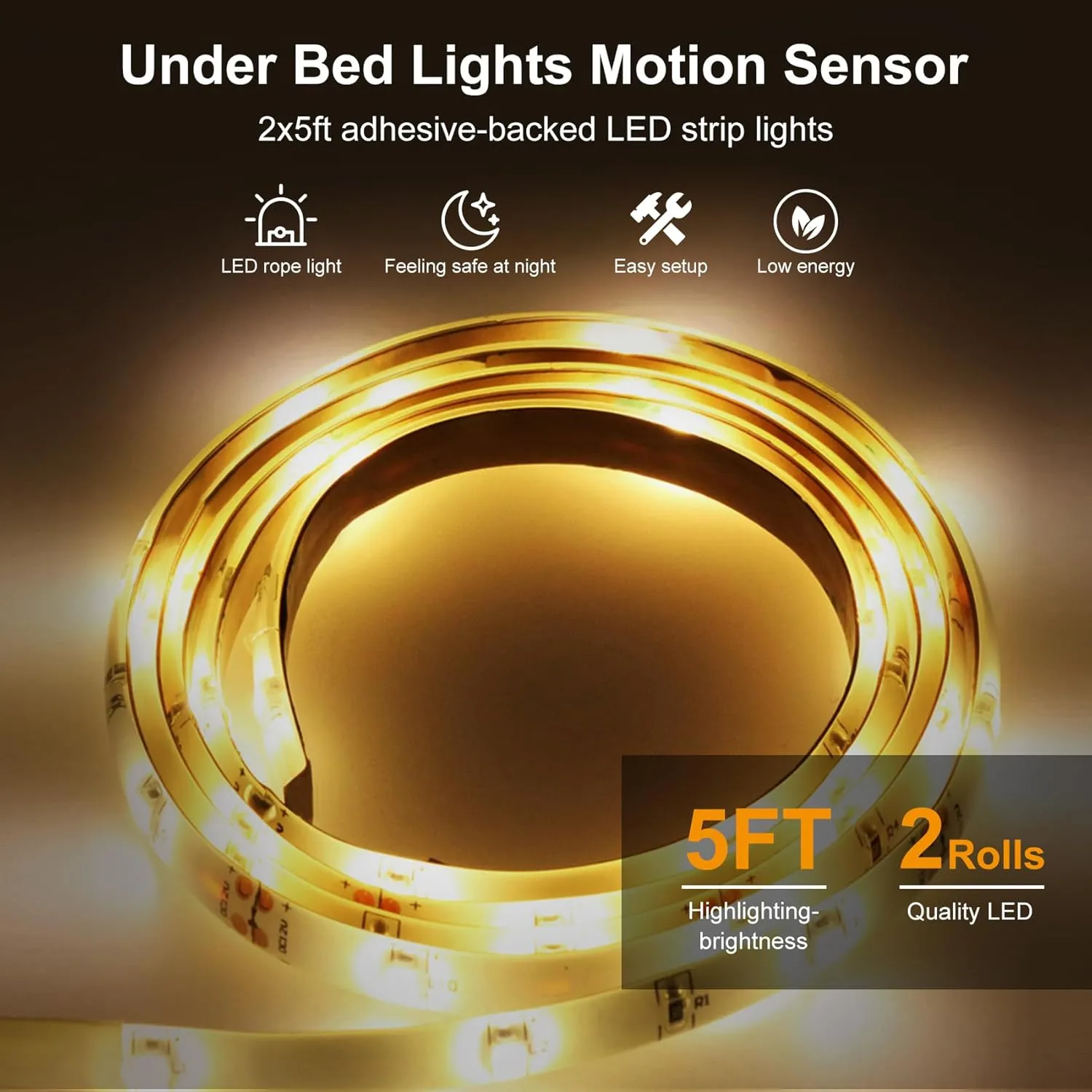 Vansky Motion Activated Bed Light, Flexible LED Strip Motion Sensor Night Light Bedside Lamp Illumination with Automatic Shut Off Timer (Warm Soft Glow)-Dual Light Strips Kit