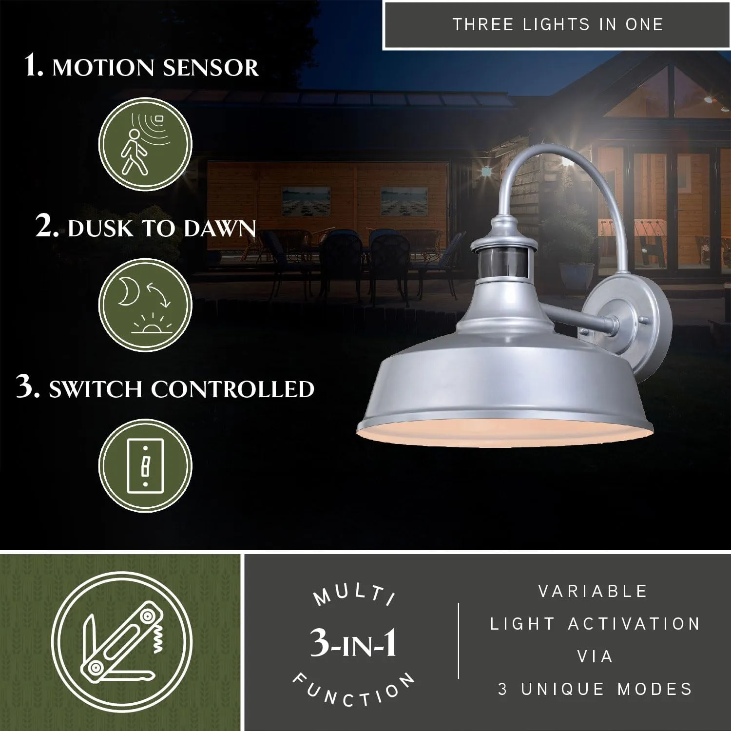 VAXCEL Dorado Outdoor Steel Wall Light with Motion Sensor, 12" W x 12.25" H Rustic Farmhouse Gooseneck Wall Sconce for Porch, Patio, Deck, or Front Door, Silver