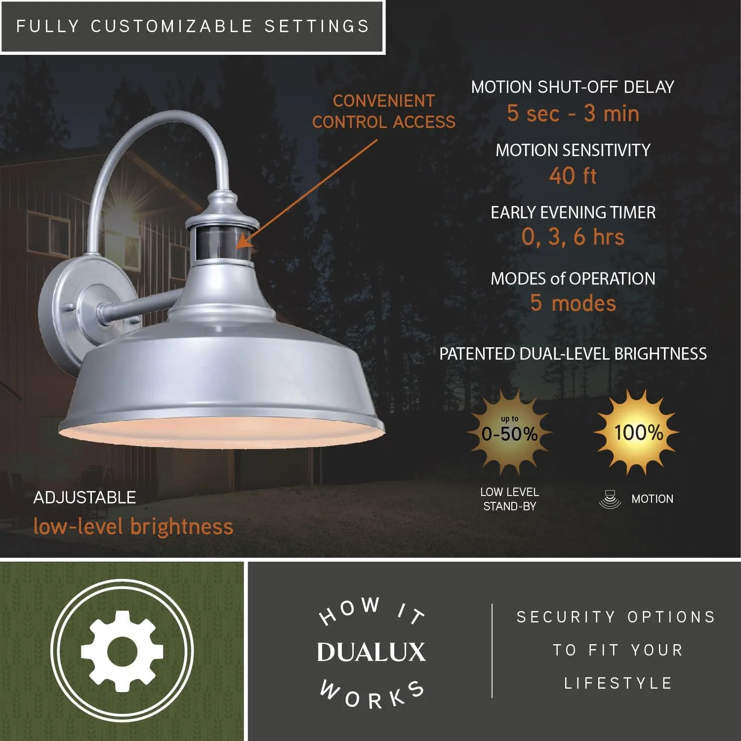 VAXCEL Dorado Outdoor Steel Wall Light with Motion Sensor, 12" W x 12.25" H Rustic Farmhouse Gooseneck Wall Sconce for Porch, Patio, Deck, or Front Door, Silver