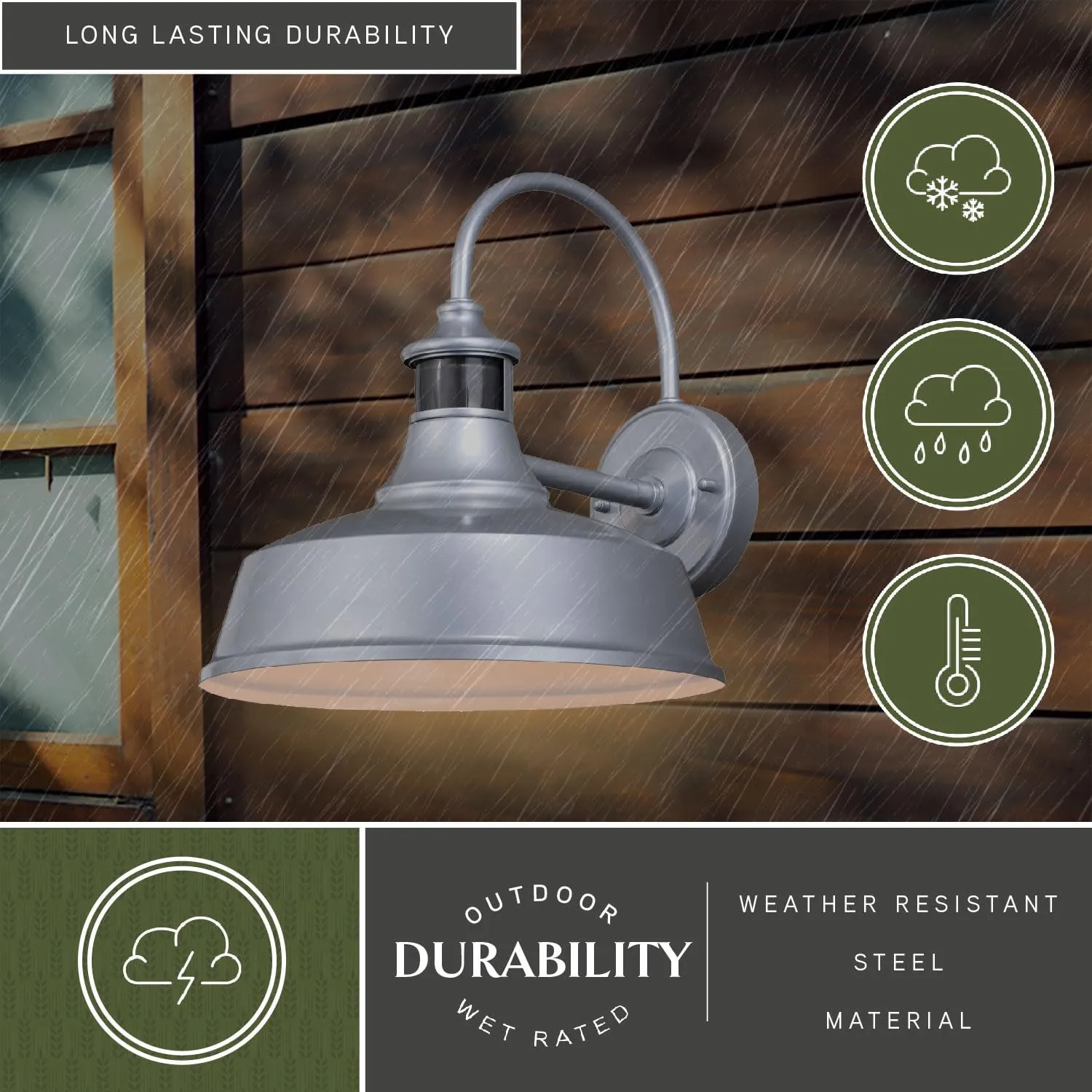VAXCEL Dorado Outdoor Steel Wall Light with Motion Sensor, 12" W x 12.25" H Rustic Farmhouse Gooseneck Wall Sconce for Porch, Patio, Deck, or Front Door, Silver