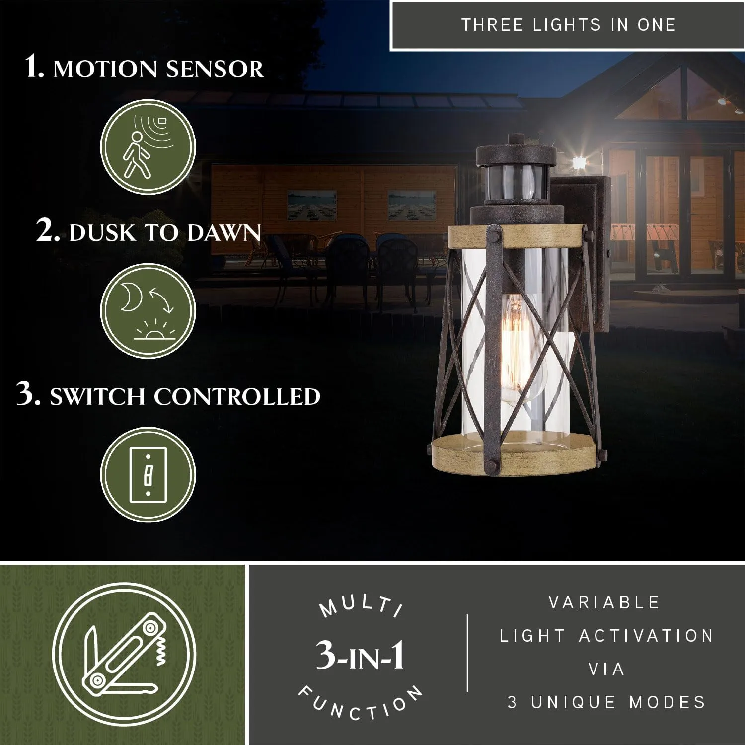 VAXCEL Harwood Bronze Motion Sensor Dusk to Dawn Outdoor Wall Light Farmhouse Clear Glass