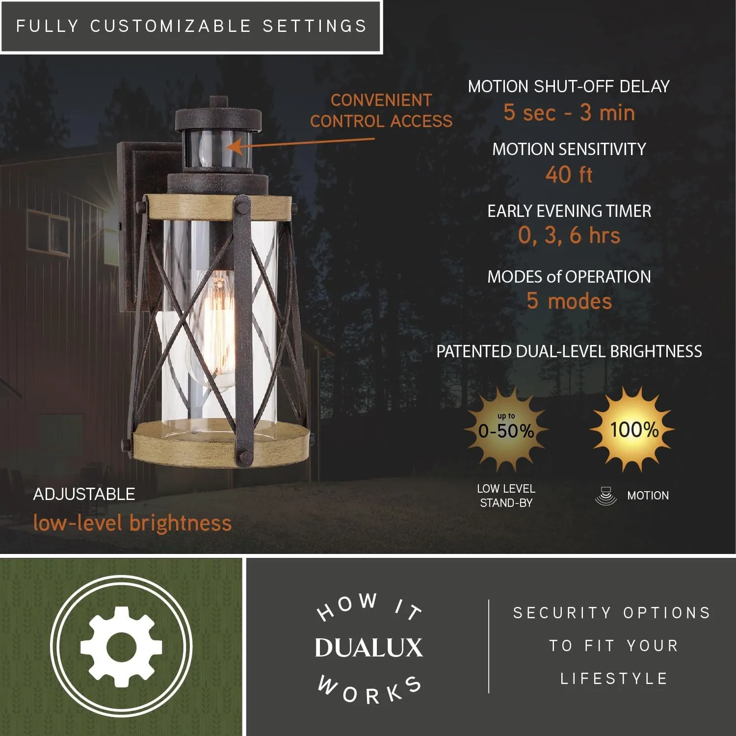 VAXCEL Harwood Bronze Motion Sensor Dusk to Dawn Outdoor Wall Light Farmhouse Clear Glass