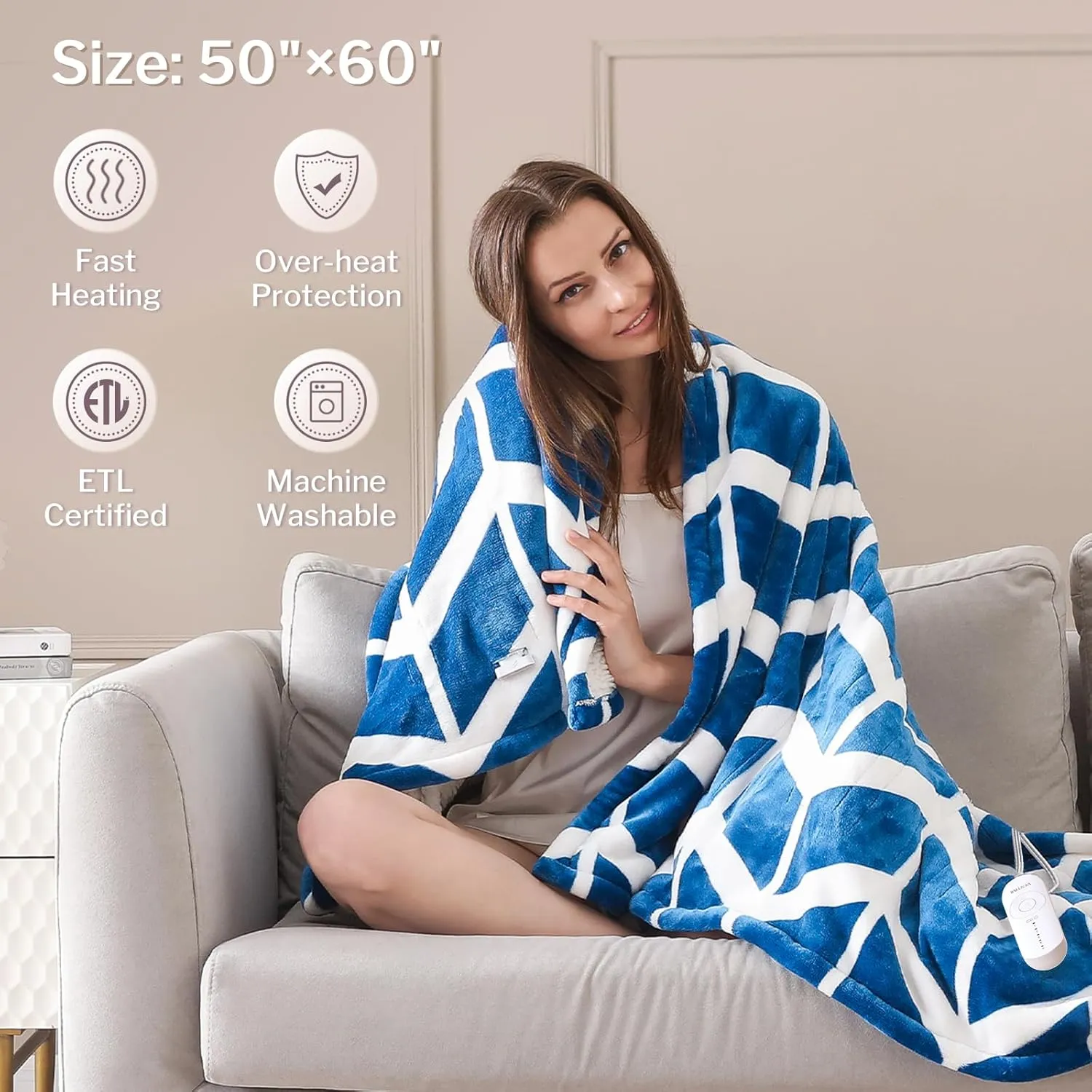 VENTIMI Electric Blanket Heated Throw, 50" x 60" Heated Blanket with 5 Heat Levels & 3 Hours Auto Off, Fast Heating Blankets with ETL & FCC Certification, Navy