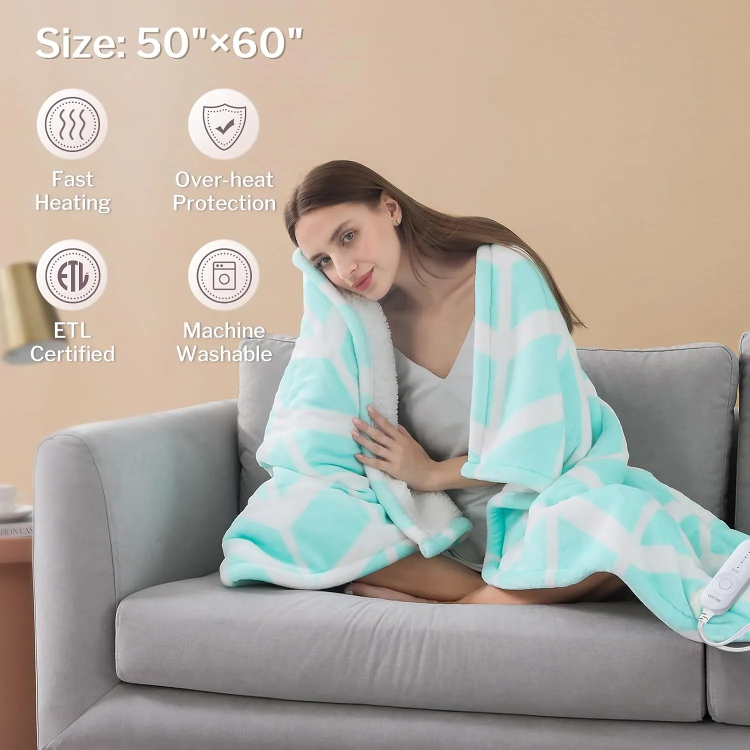VENTIMI Electric Heated Throw - 50" x 60", 5 Heat Levels, Auto Off, ETL Certified, Green