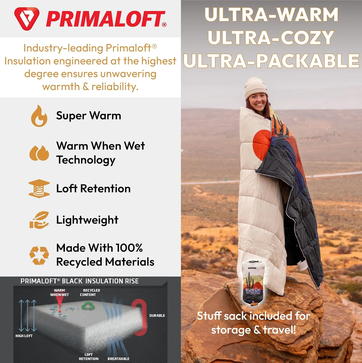 Versatile Packable Outdoor Camping Blanket, Puffy Blanket, Primaloft® Insulation, Warm, Durable, Lightweight, Waterproof, Oversize, Beach, Stadium, and More! 55"x80" (Cendre Blue)