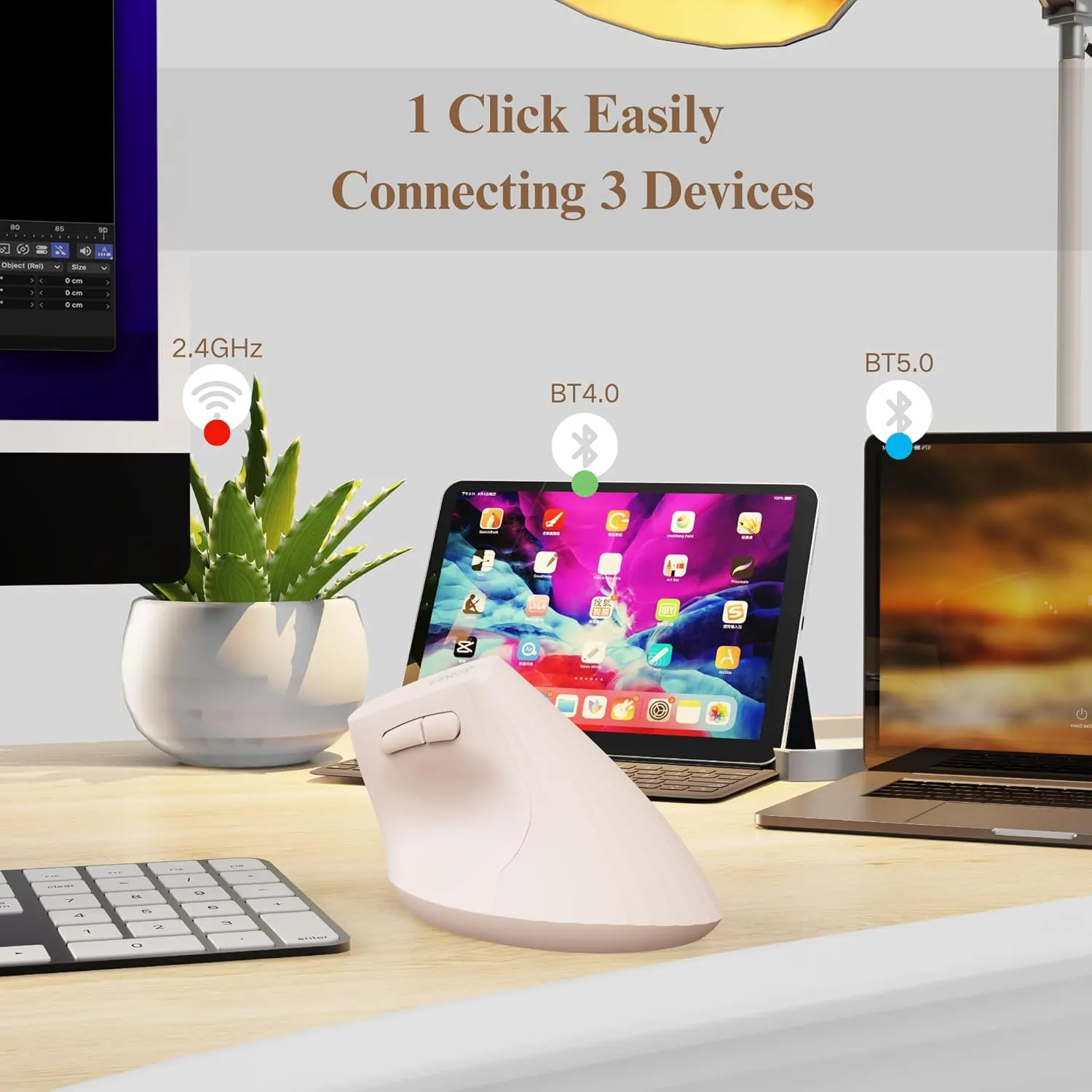 Vertical Mouse Wireless,Bluetooth Mouse with BT5.0/4.0/2.4G, Rechargeable with Battery Indicator,Ergonomic Design for Comfort and Reduced Wrist Strain, Ideal for Home,Office Use,Pink