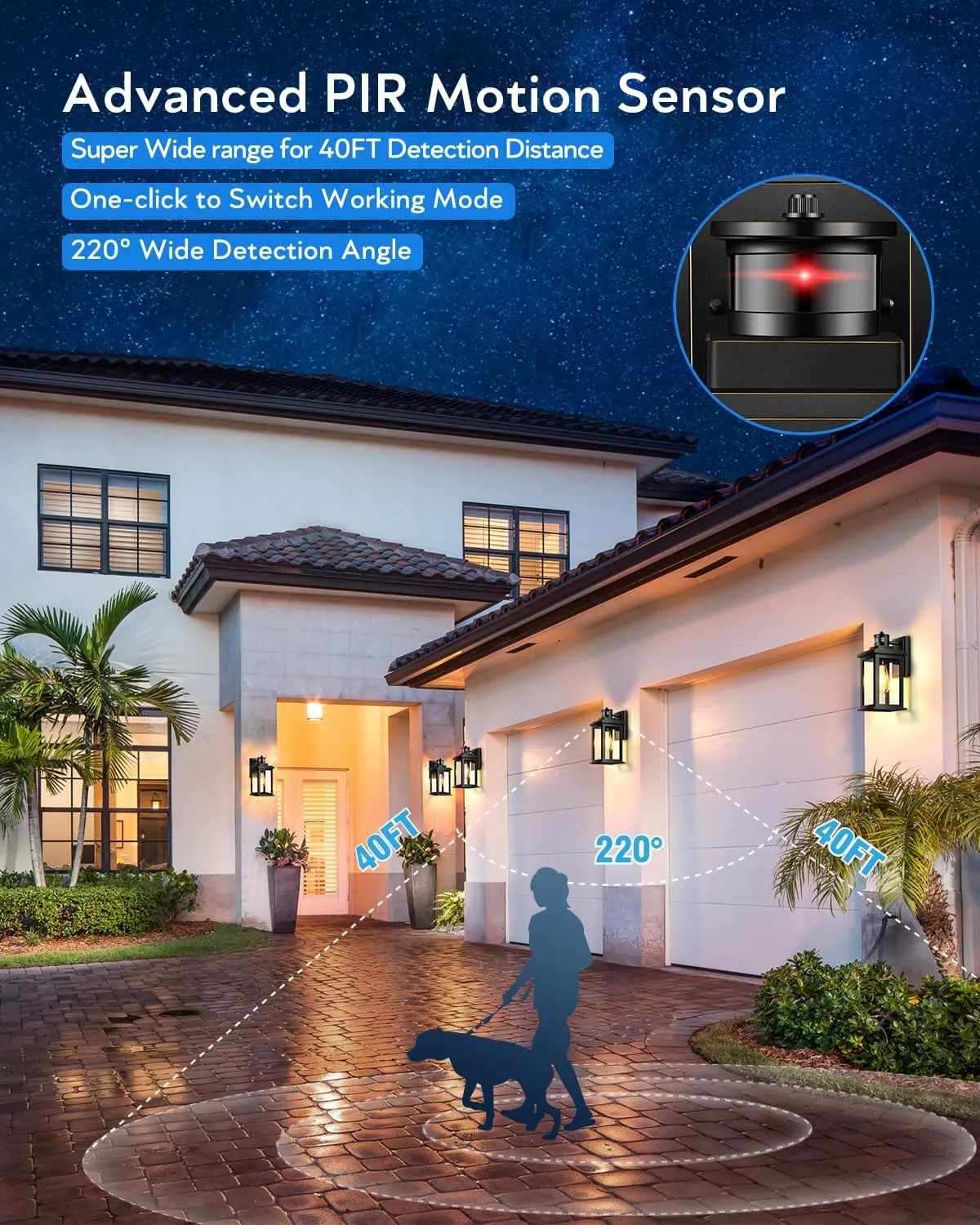 VIANIS 2 Packs Motion Sensor Outdoor Lights for House, Dusk to Dawn Front Porch Light, Black Gold Outdoor Light Fixture Sconce with Clear Tempered Glass for House, Doorway, Entryway