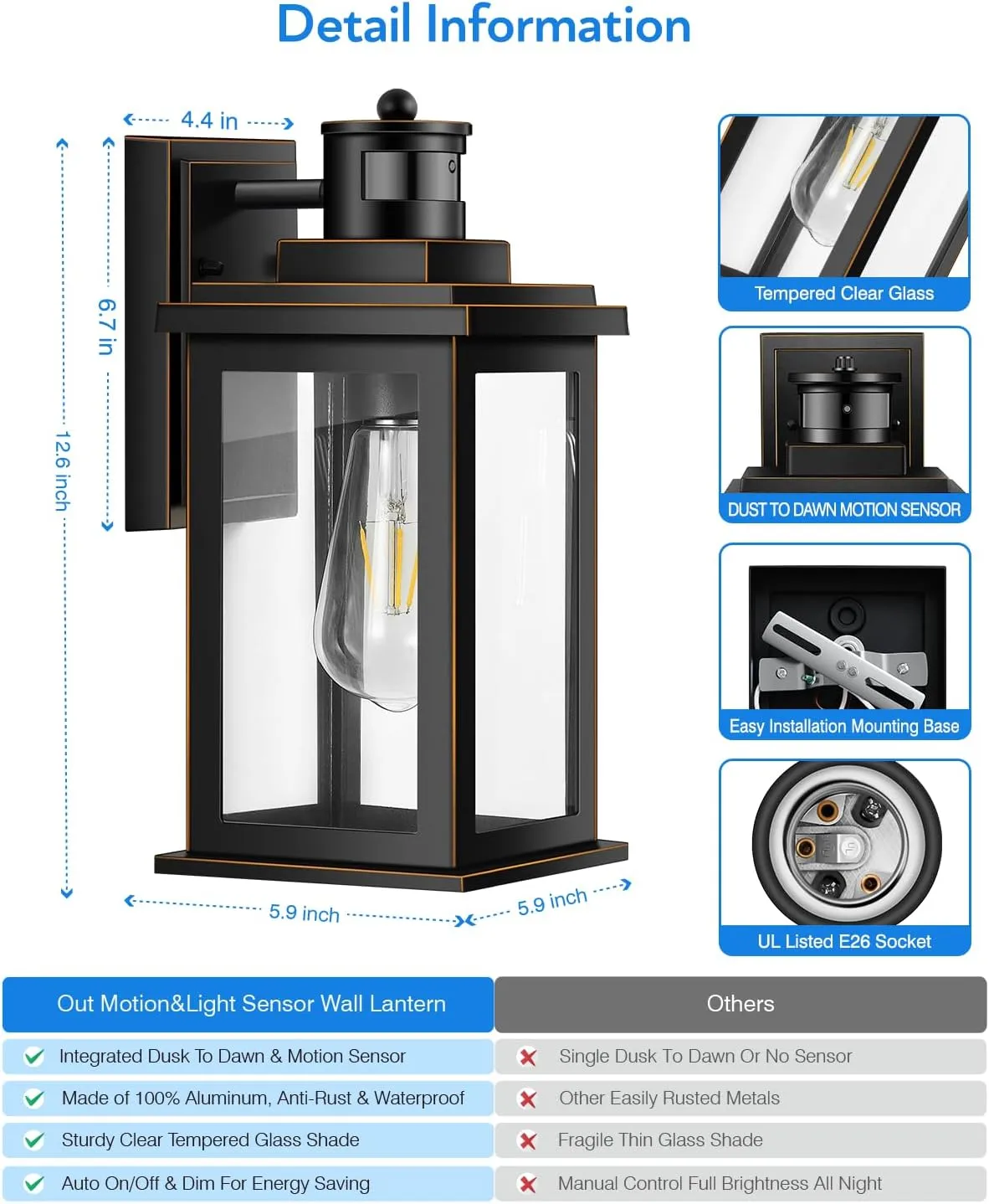 VIANIS 2 Packs Motion Sensor Outdoor Lights for House, Dusk to Dawn Front Porch Light, Black Gold Outdoor Light Fixture Sconce with Clear Tempered Glass for House, Doorway, Entryway