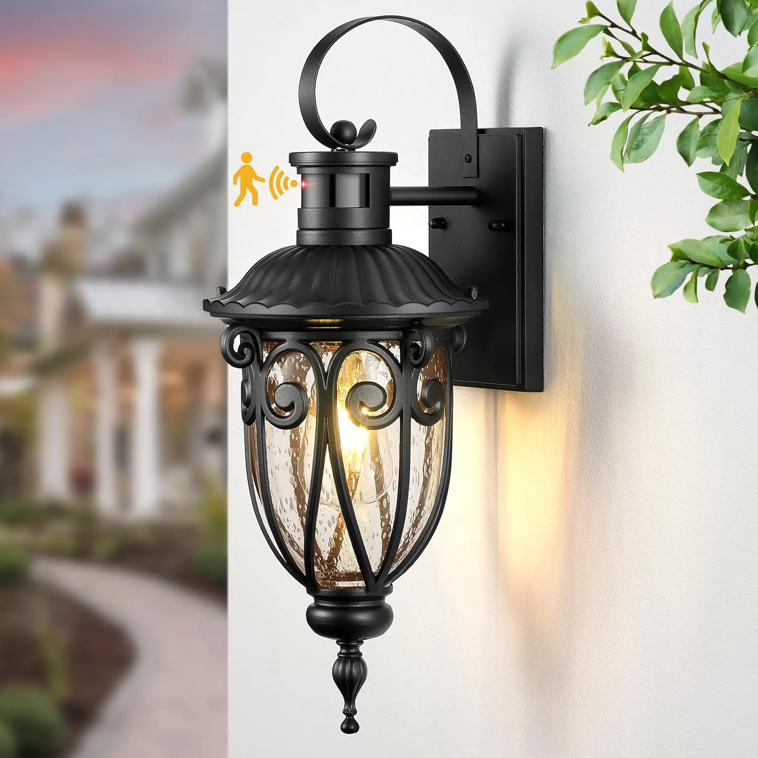 VIANIS Motion Sensor Outdoor Lights, Black Motion Lights for Outside, Dusk to Dawn Outdoor Light Fixtures with Seed Glass, 100% Aluminum Exterior Lighting Fixtures with House, Garage, Porch, Doorway