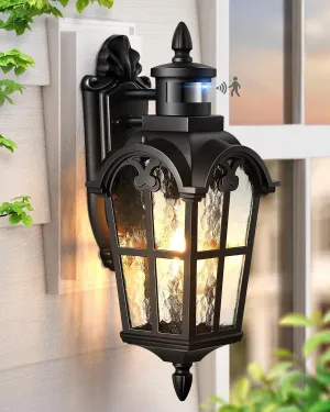 VIANIS Porch Lights Outdoor Motion Sensor, Black Dusk to Dawn Outdoor Garage Lighting Fixtures, Aluminum Waterproof Outside Sconce Lights with Ripple Glass, Coach Light Wall Mount for House Doorway