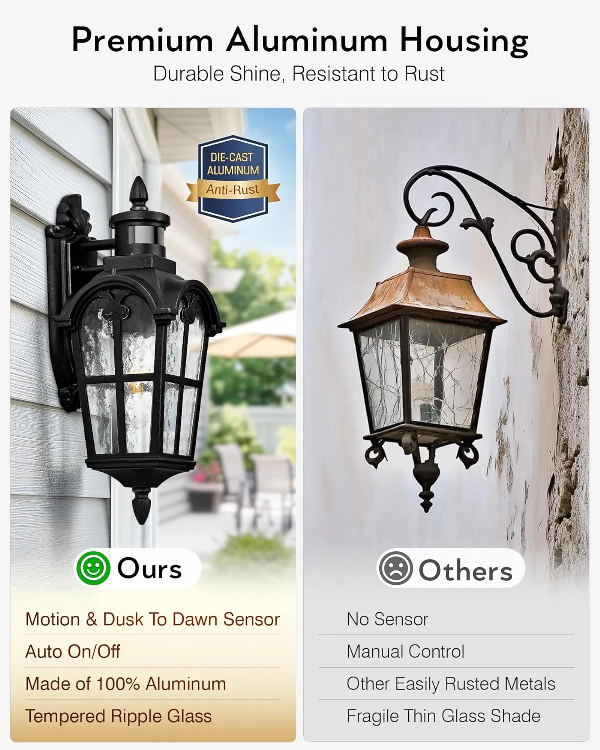 VIANIS Porch Lights Outdoor Motion Sensor, Black Dusk to Dawn Outdoor Garage Lighting Fixtures, Aluminum Waterproof Outside Sconce Lights with Ripple Glass, Coach Light Wall Mount for House Doorway