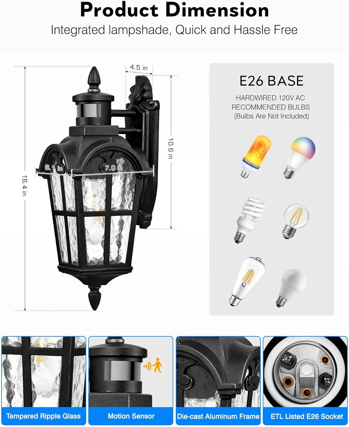 VIANIS Porch Lights Outdoor Motion Sensor, Black Dusk to Dawn Outdoor Garage Lighting Fixtures, Aluminum Waterproof Outside Sconce Lights with Ripple Glass, Coach Light Wall Mount for House Doorway