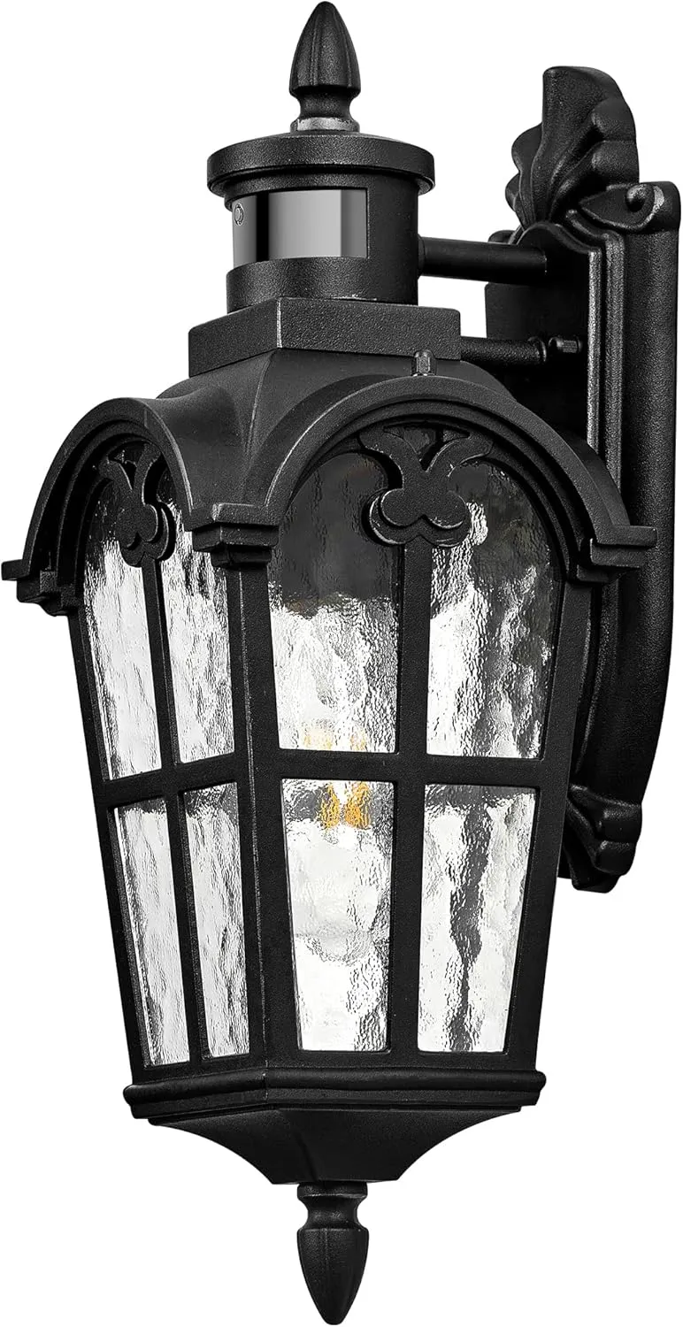 VIANIS Porch Lights Outdoor Motion Sensor, Black Dusk to Dawn Outdoor Garage Lighting Fixtures, Aluminum Waterproof Outside Sconce Lights with Ripple Glass, Coach Light Wall Mount for House Doorway