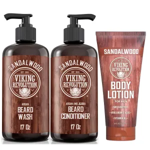 Viking Revolution Sandalwood Beard Wash and Beard Conditioner for Men (17 Fl Oz each) and Sandalwood Body Lotion (8 Fl Oz) - Beard Care Softener and Strengthener   Lotion for Hydrated and Smooth Skin