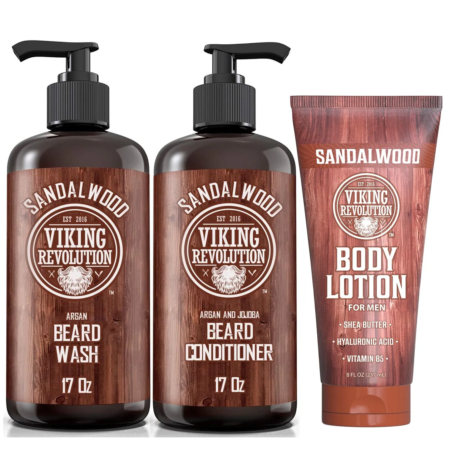 Viking Revolution Sandalwood Beard Wash and Beard Conditioner for Men (17 Fl Oz each) and Sandalwood Body Lotion (8 Fl Oz) - Beard Care Softener and Strengthener   Lotion for Hydrated and Smooth Skin