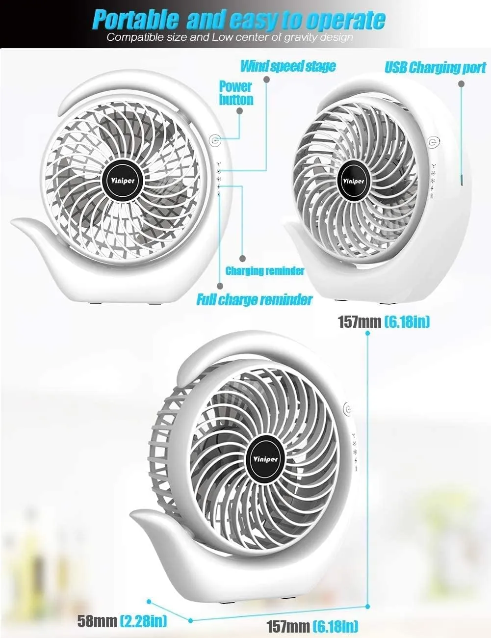 Viniper Battery Operated Fan, Usb Desk Fan : 180° Rotation and 3 Speeds Portable Office Fan, About 8-24 Hours Working for Office Home (Light Pink, Light Black Blade)