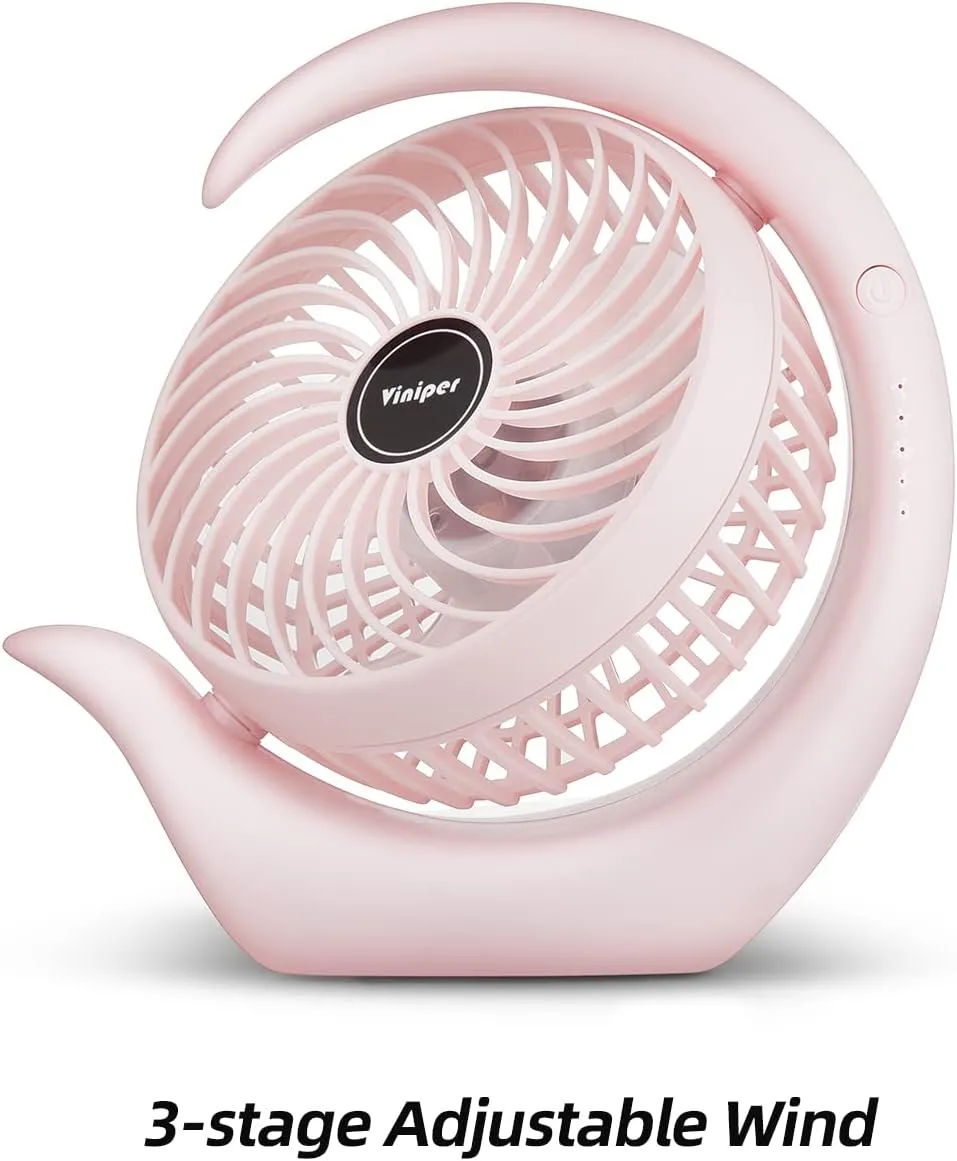 Viniper Battery Operated Fan, Usb Desk Fan : 180° Rotation and 3 Speeds Portable Office Fan, About 8-24 Hours Working for Office Home (Light Pink, Light Black Blade)