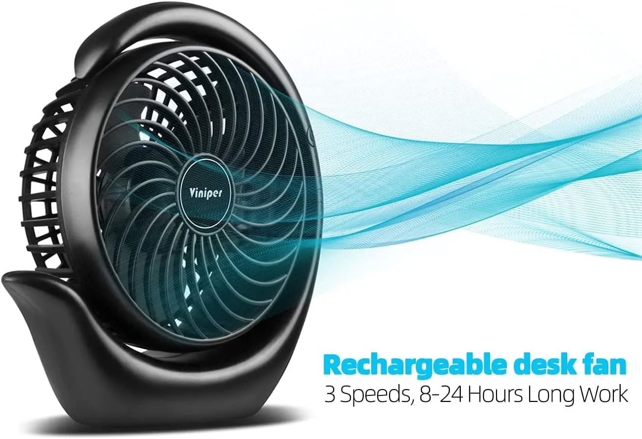 Viniper Battery Operated Fan, Usb Desk Fan : 180° Rotation and 3 Speeds Portable Office Fan, About 8-24 Hours Working for Office Home (Light Pink, Light Black Blade)