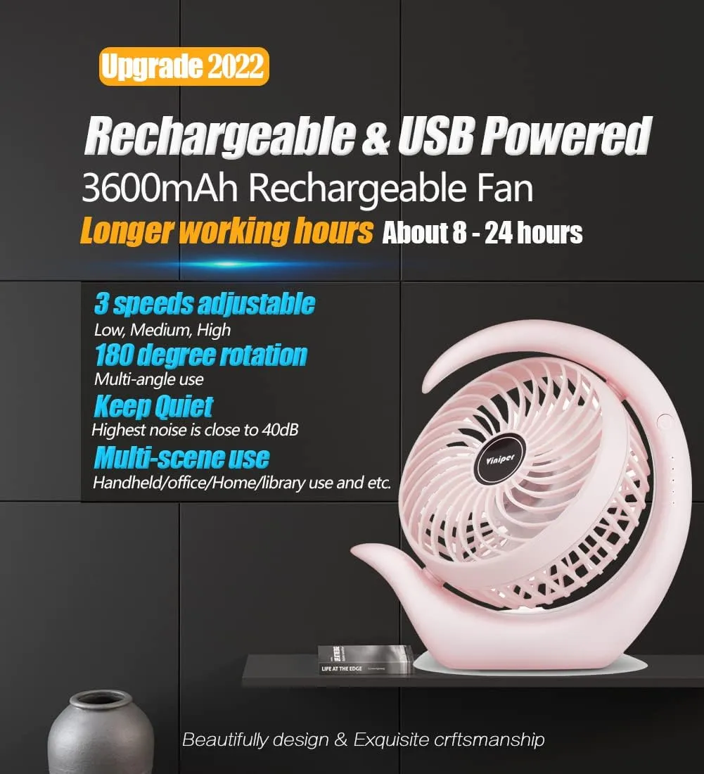 Viniper Battery Operated Fan, Usb Desk Fan : 180° Rotation and 3 Speeds Portable Office Fan, About 8-24 Hours Working for Office Home (Light Pink, Light Black Blade)
