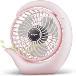 Viniper Battery Operated Fan, Usb Desk Fan : 180° Rotation and 3 Speeds Portable Office Fan, About 8-24 Hours Working for Office Home (Light Pink, Light Black Blade)