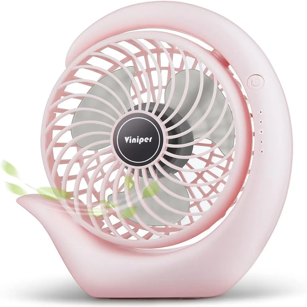 Viniper Battery Operated Fan, Usb Desk Fan : 180° Rotation and 3 Speeds Portable Office Fan, About 8-24 Hours Working for Office Home (Light Pink, Light Black Blade)