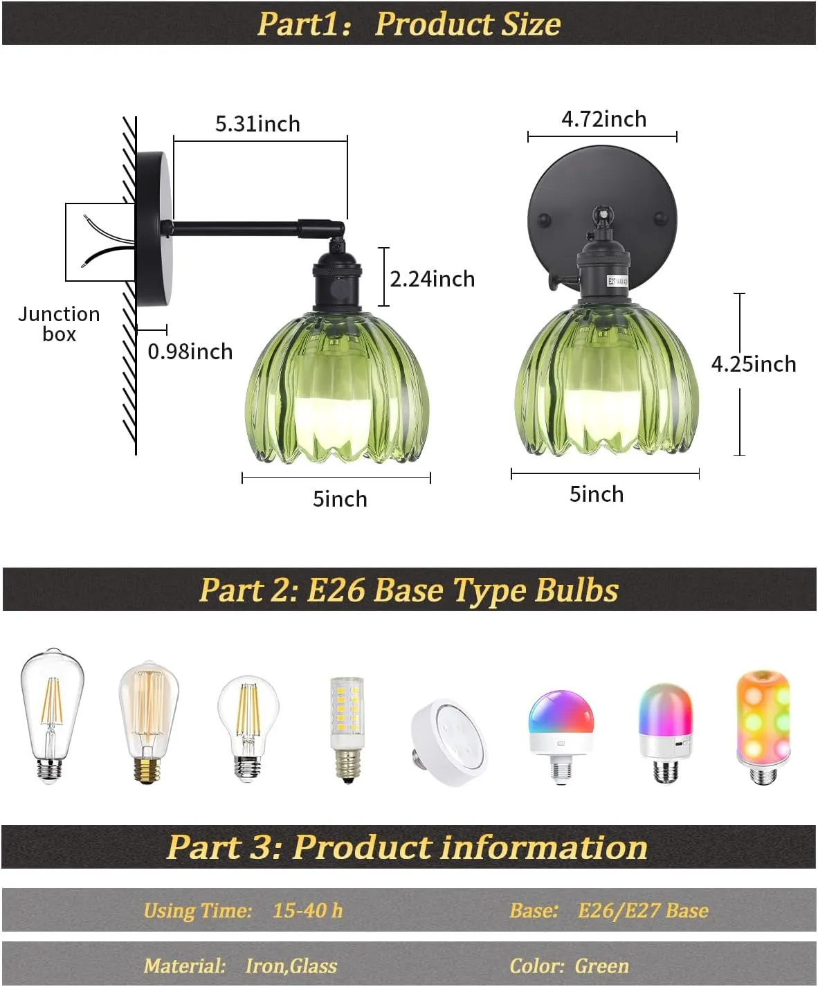 Vintage Battery Operated Wall Sconce with Green Tulip Glass Lampshade Wireless Rechargeable Battery Powered Black Wall Light with Remote Control for Bedside Bedroom Doorway