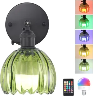 Vintage Battery Operated Wall Sconce with Green Tulip Glass Lampshade Wireless Rechargeable Battery Powered Black Wall Light with Remote Control for Bedside Bedroom Doorway