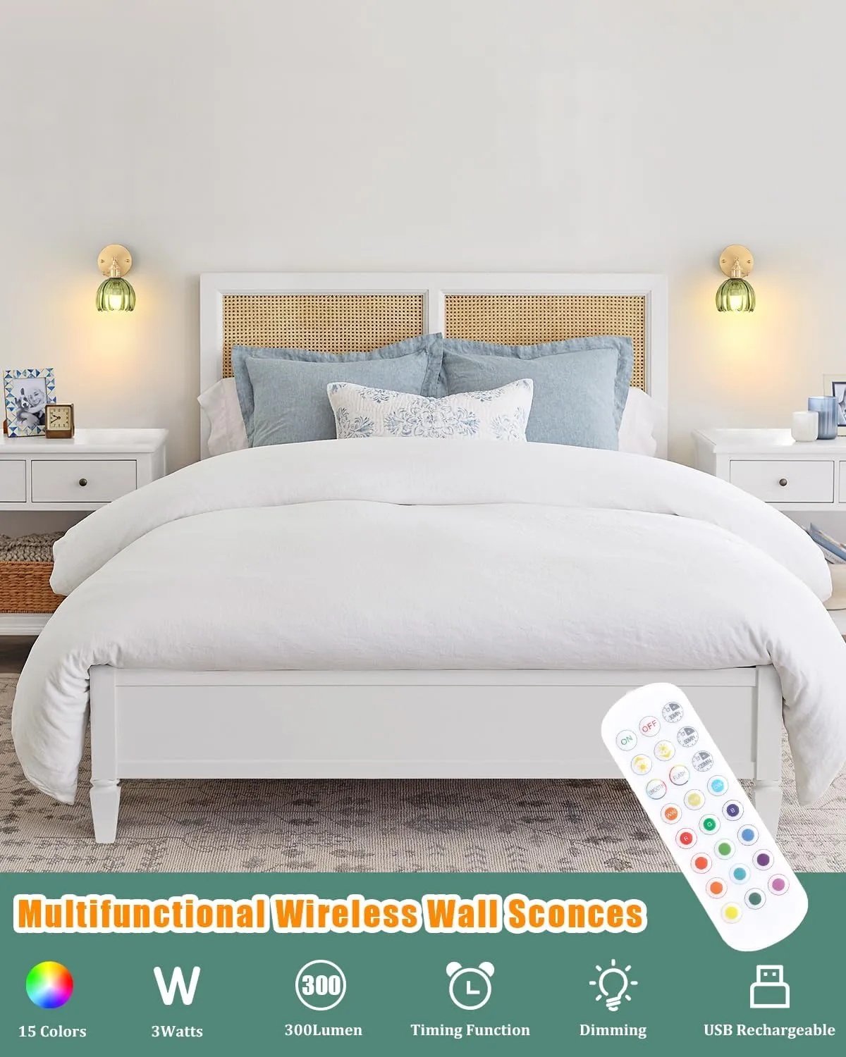 Vintage Battery Operated Wall Sconce with Green Tulip Glass Lampshade Wireless Rechargeable Battery Powered Wall Light with Remote Control for Bedside Bedroom Doorway
