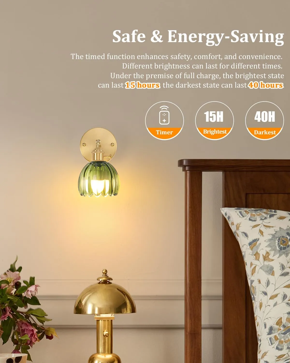 Vintage Battery Operated Wall Sconce with Green Tulip Glass Lampshade Wireless Rechargeable Battery Powered Wall Light with Remote Control for Bedside Bedroom Doorway