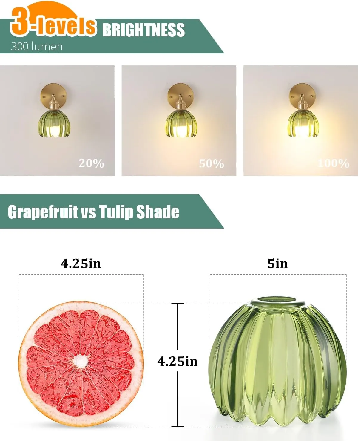 Vintage Battery Operated Wall Sconce with Green Tulip Glass Lampshade Wireless Rechargeable Battery Powered Wall Light with Remote Control for Bedside Bedroom Doorway