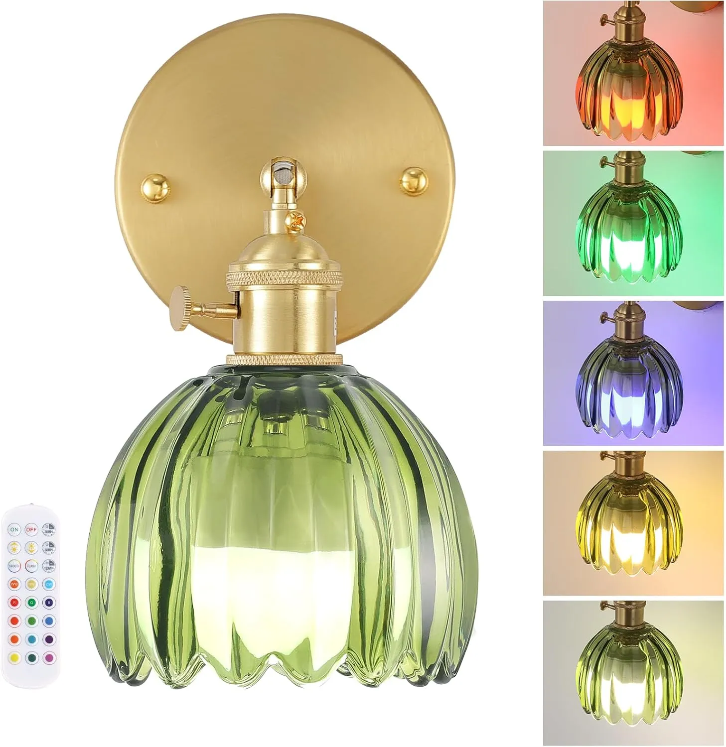 Vintage Battery Operated Wall Sconce with Green Tulip Glass Lampshade Wireless Rechargeable Battery Powered Wall Light with Remote Control for Bedside Bedroom Doorway