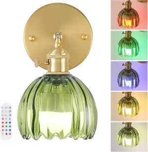 Vintage Battery Operated Wall Sconce with Green Tulip Glass Lampshade Wireless Rechargeable Battery Powered Wall Light with Remote Control for Bedside Bedroom Doorway