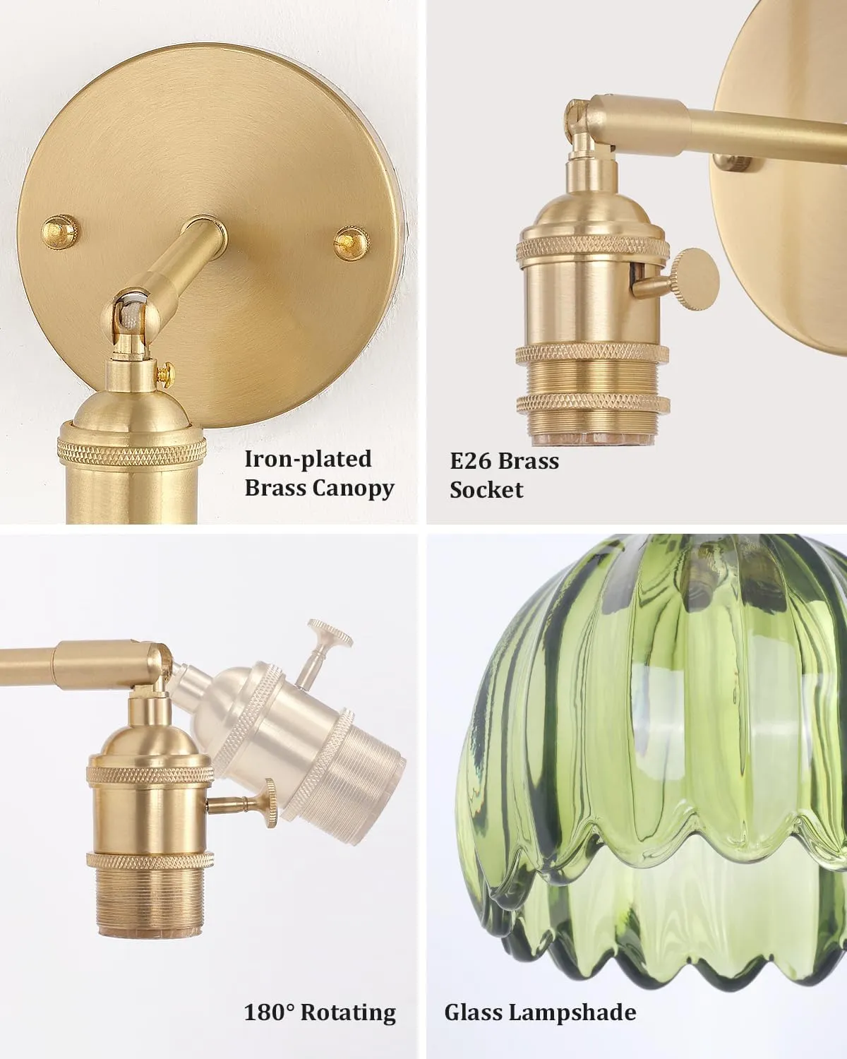 Vintage Battery Operated Wall Sconce with Green Tulip Glass Lampshade Wireless Rechargeable Battery Powered Wall Light with Remote Control for Bedside Bedroom Doorway