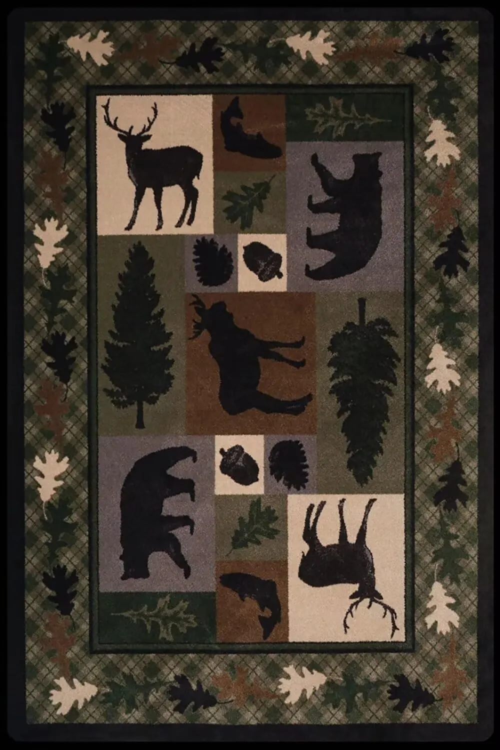Vintage Lodge Cabin Area Rug 4'x5' Hunting Bear Deer Print Rugs Rustic Wildlife Farmhouse Rug Country Style Leaf Carpet Low Pile Home Kitchen Mat,Black